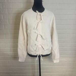 BTFBM Bow Cardigan Tight Knit Sweater Beige Button Down Trendy Sz‎ M Cozy Warm